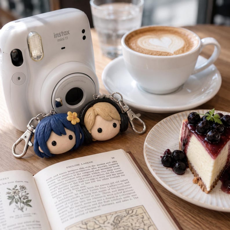 May include: A white Instax mini 11 camera, two small character keychains with blue and blonde hair, an open book with English text, a cup of latte with heart-shaped foam, and a slice of blueberry cheesecake on a white ridged plate.