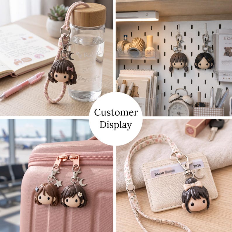 May include: A collection of small, round-faced character keychains featuring various hairstyles and accessories. These charms include metal lobster clasps and are shown attached to a water bottle, a pegboard, a pink suitcase, and a beige card holder.