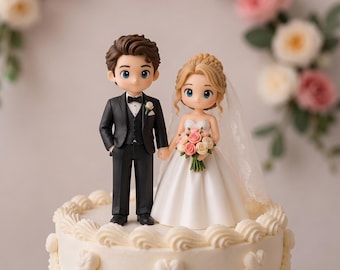 Figura de arcilla personalizada para bodas, adorno para pastel de pareja hecho a mano con base de madera, regalo de recuerdo personalizado