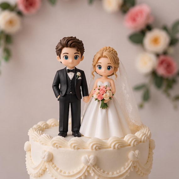 Custom Wedding Clay Figurine, Handmade Couple Cake Topper with Wood Base, Personalized Keepsake Gift