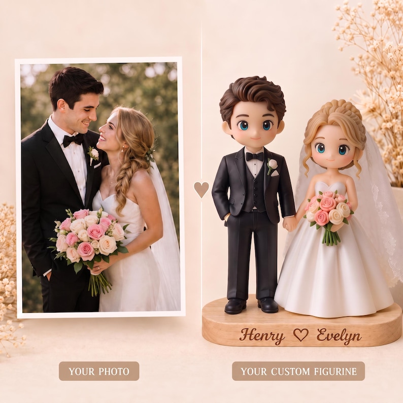 Custom Wedding Clay Figurine, Handmade Couple Cake Topper with Wood Base, Personalized Keepsake Gift image 2