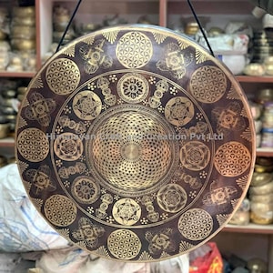 Extra Large Gong for Sound Healing Meditation yoga - Flower of life scared geometry carved gongs with mallet - Deep relaxation stress relief