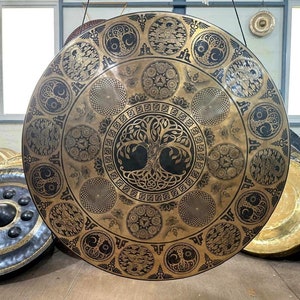 Tree of life Extra Large Gong for Sound Healing Meditation yoga - Flower of life scared geometry carved gongs with mallet - Deep relaxation