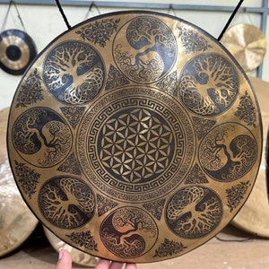 Extra Large Gong Tree Of life for Sound Healing Meditation yoga - Flower of life sacred geometry carved gongs with mallet - Deep relaxation