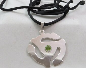 Homemade Sterling Silver 45 Record Adaptor w/ Natural Peridot Gemstone Necklace