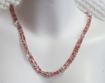 Pink Glass Bead Necklace with Crystal Aurora Borealis