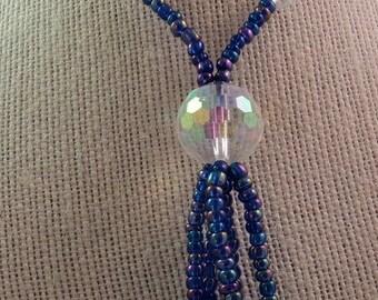 Collar con borla de cuentas de vidrio azul y cuentas de cristal Aurora Boreal