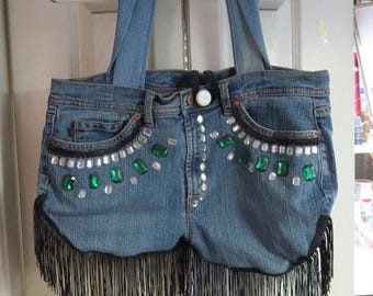 Bolso/Monedero Jean Azul con Flecos Negros y Diamantes de Imitación