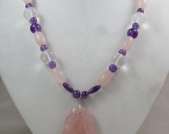 Collar de cuarzo rosa con forma de gota de ciruela, amatista y cuarzo transparente, 29 pulgadas