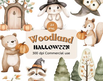 Watercolor Halloween Clipart, Woodland Animals, PNG (Digital Download)