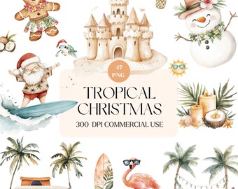Aquarel tropische kerst clipart, kerstman, hula vakantie, png (commercieel gebruik)