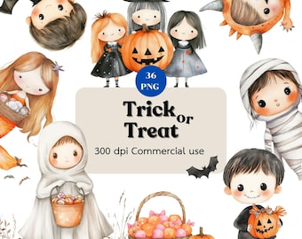 Trick or Treat Watercolor Clipart, Watercolor Halloween Clipart, Witch Clipart, Spooky Clipart, Autumn Clipart, Commercial Use