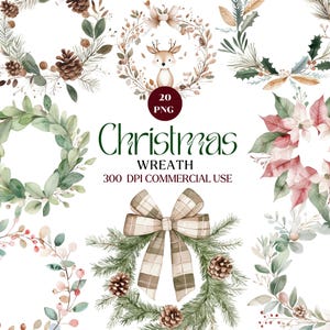 Aquarell Weihnachtskranz Clipart, rote Beere, Vintage Weihnachten Urlaub Clipart, Boho Weihnachten Grün Clipart, kommerzielle Nutzung