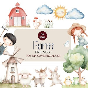 Clipart de fazenda fofa em aquarela, amigos da fazenda, vida na fazenda em aquarela, clipart de chalé, animais de fazenda, fazendeiros fofos, animais, uso comercial