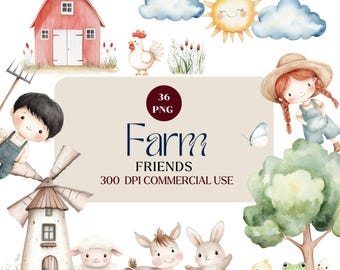 Clipart de granja en acuarela, animales adorables, diseños cottagecore (descarga digital)