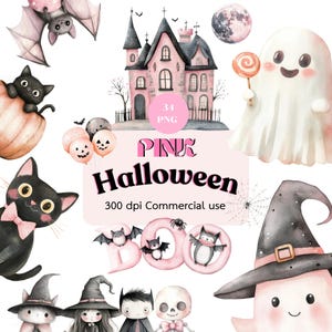 Aquarelle rose d'Halloween, clipart Halloween, aquarelle Halloween mignon, Halloween pastel, fantômes mignons, clipart effrayant, usage commercial