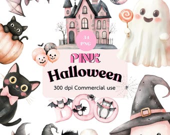 Watercolor Pink Halloween, Halloween Clipart, Watercolor Cute Halloween, Pastel Halloween, Cute Ghosts, Spooky Clip Art, Commercial use