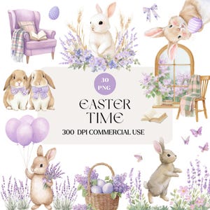 May include: Watercolor illustration with Easter theme. Features bunnies, lavender, balloons, and a cozy armchair. The text "EASTER TIME" is displayed. Includes a basket of eggs and a window scene with a chair and blanket.