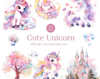 May include: A set of 20 digital illustrations featuring cute unicorns in various poses, including a unicorn sleeping on a crescent moon, a unicorn standing with a rainbow mane, and a unicorn standing in front of a pink castle. The illustrations are in a watercolor style and are perfect for use in digital scrapbooking, card making, and other creative projects.
