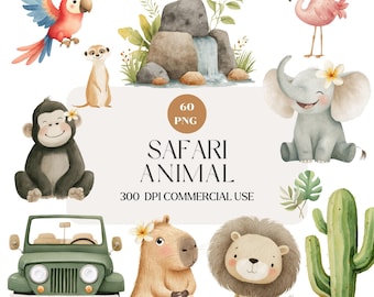 Watercolor Safari Animals Clipart, Baby Shower Nursery (PNG, Commercial Use)