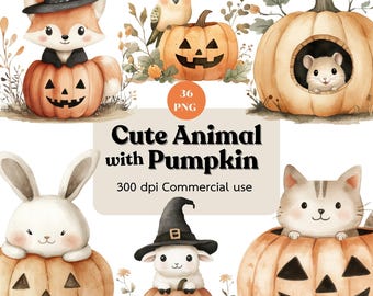 Halloween Animals in pumpkin clipart, Pumpkin Clipart, Cute Halloween Animals PNG, Autumn Clipart, Watercolor Halloween, Baby animal clipart