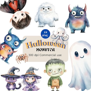 Aquarell Halloween Cliparts, Aquarell Monster, Kinder Halloween, gruseliges Bild, süße Monster, kommerzielle Nutzung, transparente PNGs.
