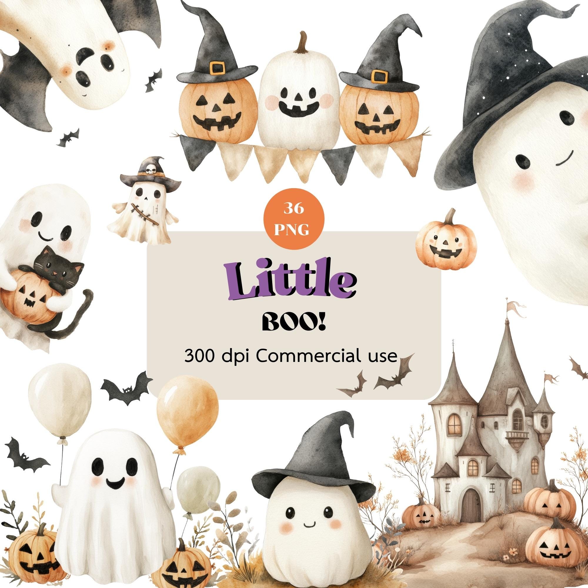 Watercolor Halloween Clipart, Cute Ghost Halloween, Little Boo, Spooky Clipart, Kids Halloween Clipart, Nursery, Baby Shower, Commercial Use