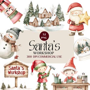 Puede incluir: Ilustraciones en acuarela del taller de Santa, con un muñeco de nieve, Papá Noel sosteniendo una estrella, elfos, un globo de nieve y un letrero. La imagen incluye el texto "Santa's Workshop" y "300 DPI Commercial Use."