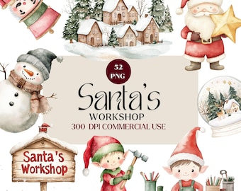 Santa's Workshop Watercolor Clipart, Christmas Elves PNG (Commercial Use)