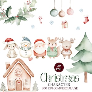 Clipart di Natale carino, personaggi di Natale carini, clipart di Natale ad acquerello, grafica png di Natale, clipart di Natale scandinavo
