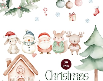 Watercolor Christmas Clipart, Cute Scandinavian Characters (PNG Files)
