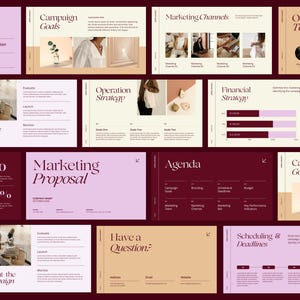 May include: A marketing proposal presentation with slides featuring a burgundy, pink, and beige color scheme. The slides include text about campaign goals, operation strategy, financial strategy, marketing channels, and scheduling deadlines. The presentation also includes a slide with a photo of a team of people.