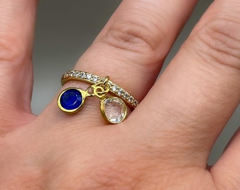 Adjustable Gold Plated Ring: Zirconia & Glass Charm Dangle