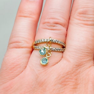 Double band charm ring glass charms zirconia ring 18 K gold plated Elegant charm ring Gift for someone special Dangling charm ring Several colors.