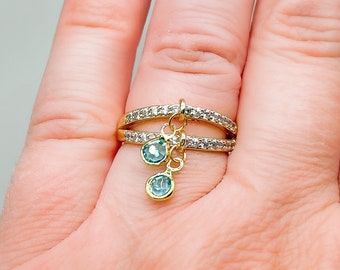 Gold Charm Ring: Cubic Zirconia & Colorful Pendants