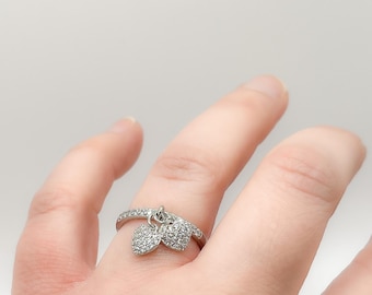 Silver Heart Dangle Ring: Adjustable Cubic Zirconia Charm