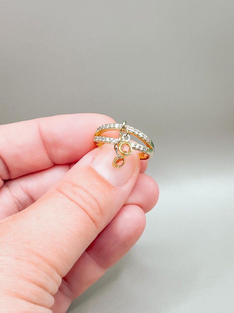 Double band charm ring glass charms zirconia ring 18 K gold plated Elegant charm ring Gift for someone special Dangling charm ring Several colors.