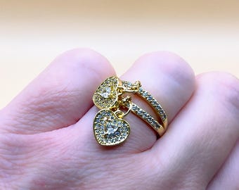 Gold Heart Charm Ring: Cubic Zirconia Dangle Ring, US Size 7