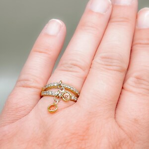 Double band charm ring glass charms zirconia ring 18 K gold plated Elegant charm ring Gift for someone special Dangling charm ring Several colors.