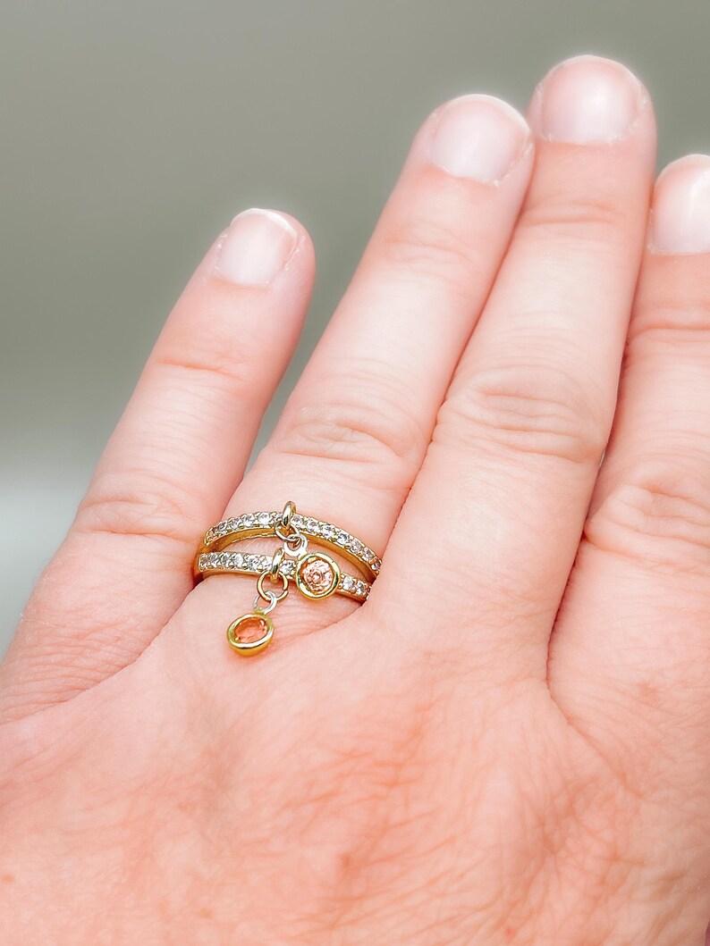 Double band charm ring glass charms zirconia ring 18 K gold plated Elegant charm ring Gift for someone special Dangling charm ring Several colors.