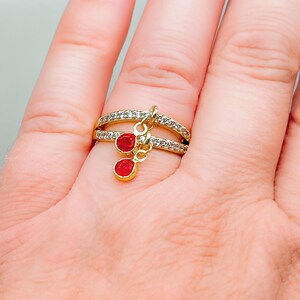 Double band charm ring glass charms zirconia ring 18 K gold plated Elegant charm ring Gift for someone special Dangling charm ring Several colors.