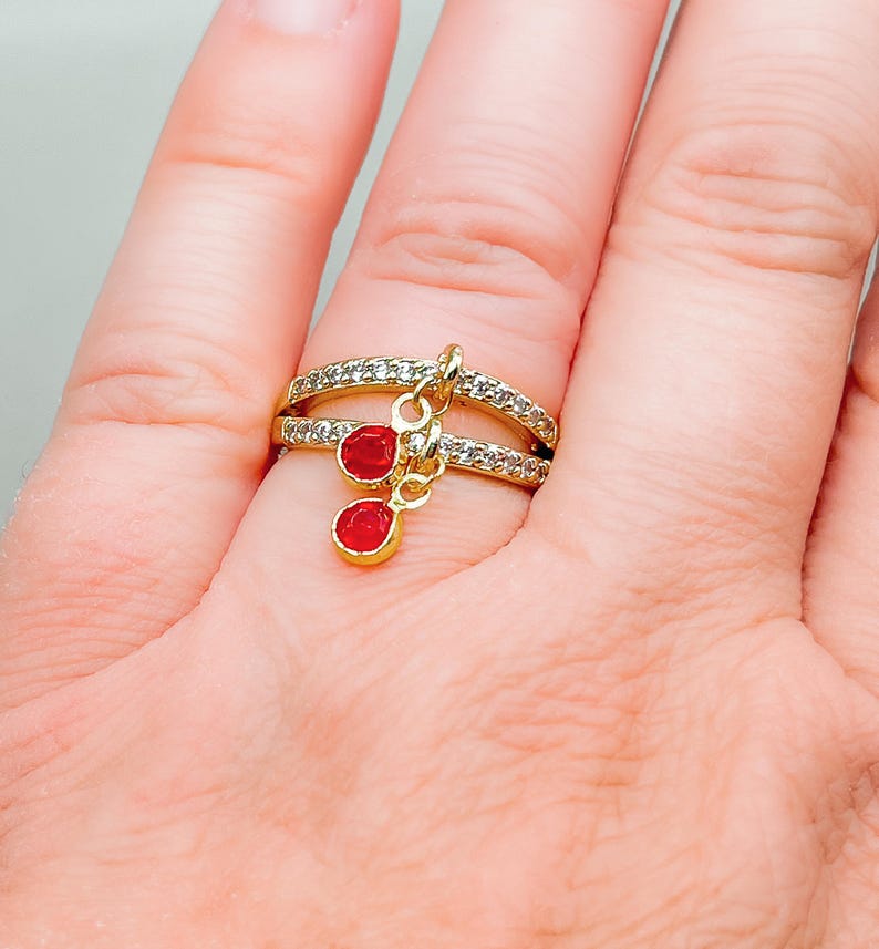 Double band charm ring glass charms zirconia ring 18 K gold plated Elegant charm ring Gift for someone special Dangling charm ring Several colors.