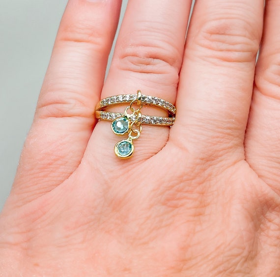 Gold Charm Ring: Cubic Zirconia & Colorful Pendants