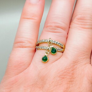 Double band charm ring glass charms zirconia ring 18 K gold plated Elegant charm ring Gift for someone special Dangling charm ring Several colors.