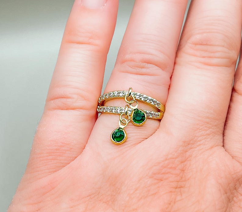 Double band charm ring glass charms zirconia ring 18 K gold plated Elegant charm ring Gift for someone special Dangling charm ring Several colors.