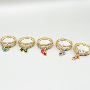Double band charm ring glass charms zirconia ring 18 K gold plated Elegant charm ring Gift for someone special Dangling charm ring Several colors.