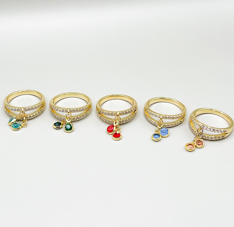 Double band charm ring glass charms zirconia ring 18 K gold plated Elegant charm ring Gift for someone special Dangling charm ring Several colors.