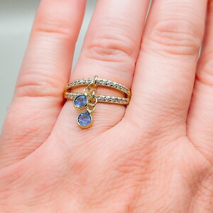 Double band charm ring glass charms zirconia ring 18 K gold plated Elegant charm ring Gift for someone special Dangling charm ring Several colors.