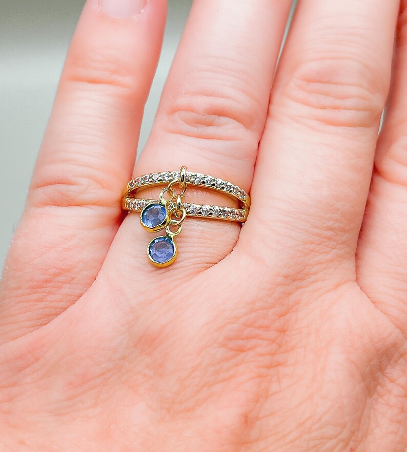 Double band charm ring glass charms zirconia ring 18 K gold plated Elegant charm ring Gift for someone special Dangling charm ring Several colors.