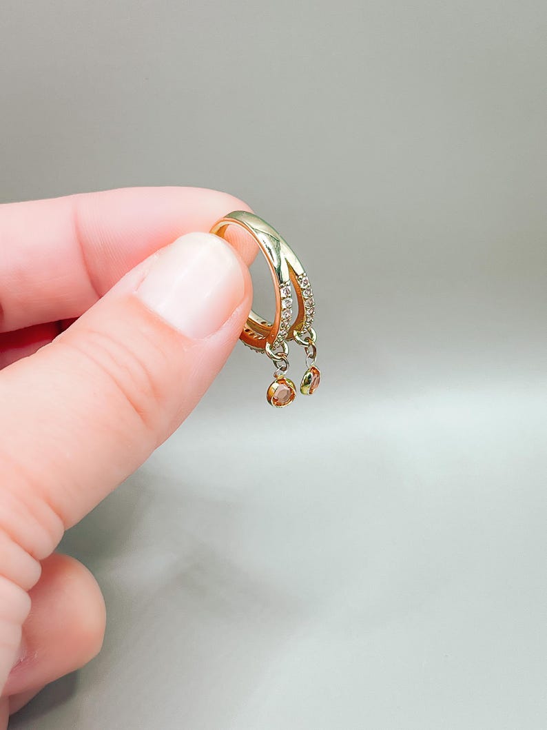 Double band charm ring glass charms zirconia ring 18 K gold plated Elegant charm ring Gift for someone special Dangling charm ring Several colors.